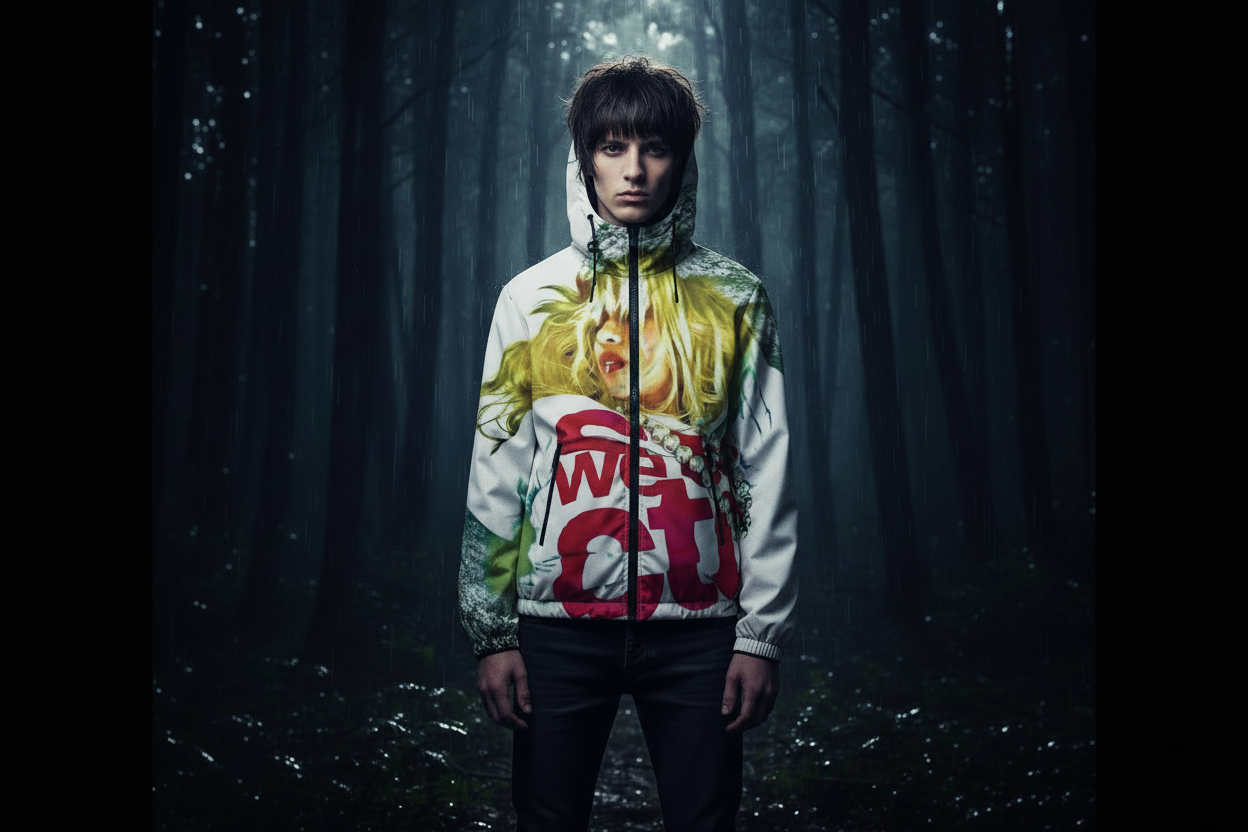 Social media promotional banner with windbreaker model